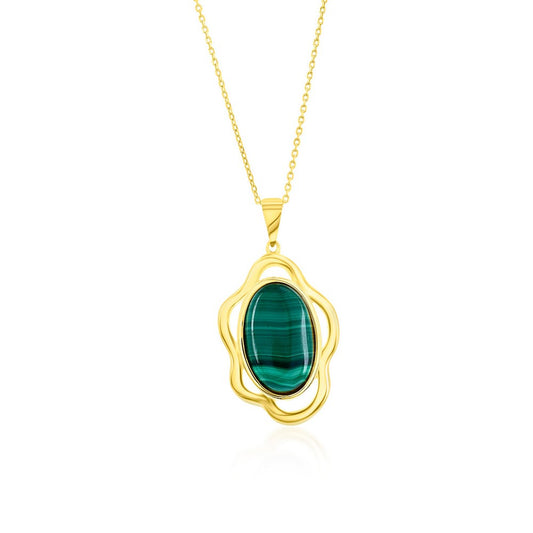 Sterling Silver, Oval Malachite, Wavy Design Pendant - Gold Plated