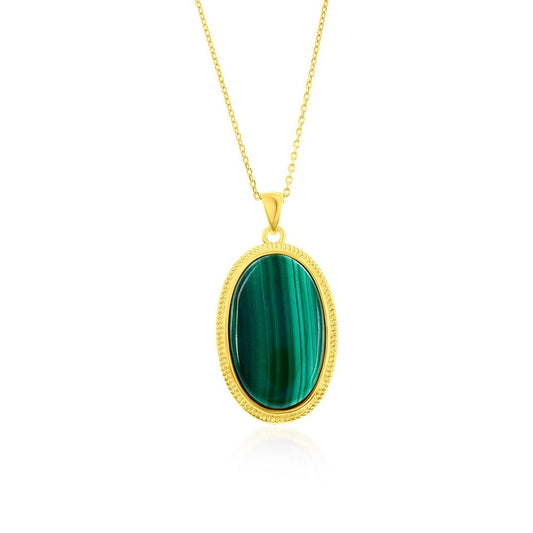Sterling Silver, Oval Malachite, Beaded Border Pendant - Gold Plated