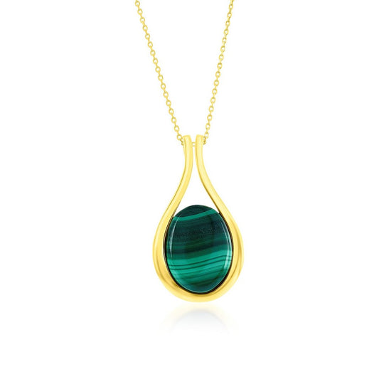Sterling Silver, Oval Malachite, Pear-Shaped Pendant - Gold Plated