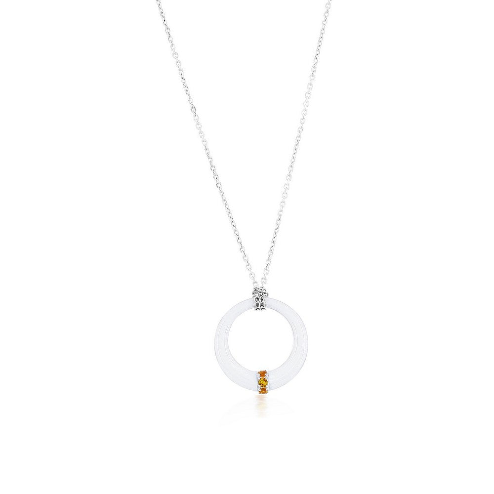 Sterling Silver Round White Enamel Pendant w/Chain - Yellow CZ