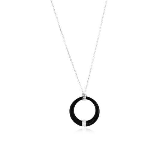 Sterling Silver Round Black Enamel Pendant w/Chain - White CZ