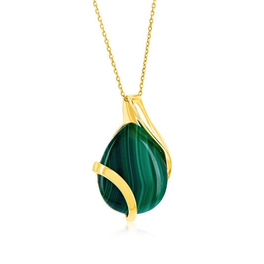 Sterling Silver Large Pear-Shaped Malachite Pendant - Gold Plated
