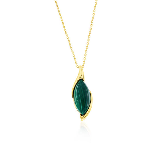 Sterling Silver, Marquise Malachite Pendant - Gold Plated
