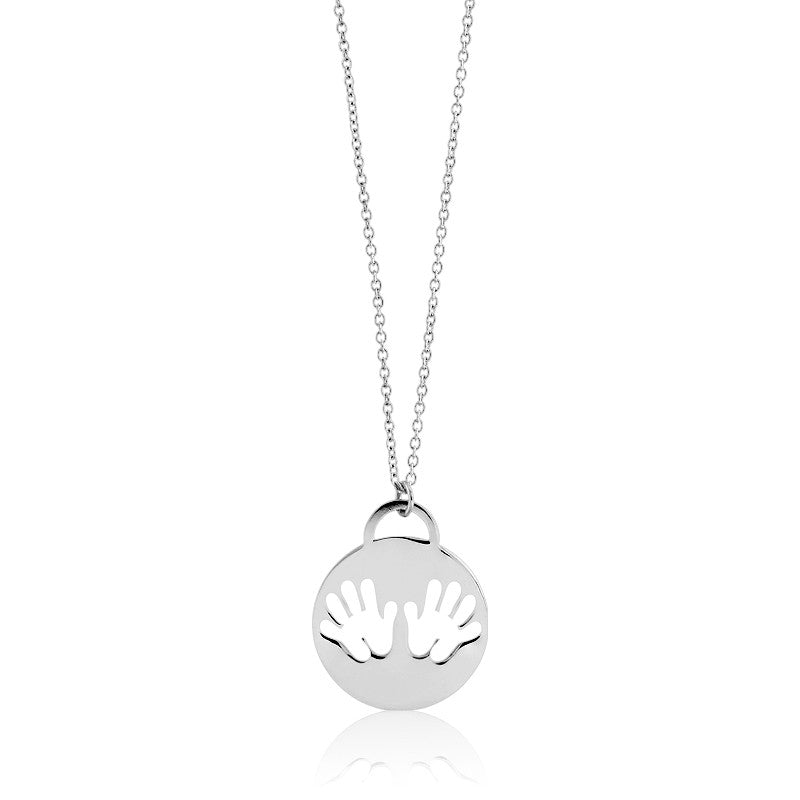 Sterling Silver  Shiny Disc w/Cut-Out Handprints Necklace