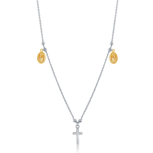 Sterling Silver Small Cross with GP Medals Necklace