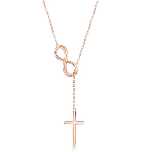 Sterling Silver Center Infinity with Hanging Chain and Cross Necklace - Rose Gold Plated