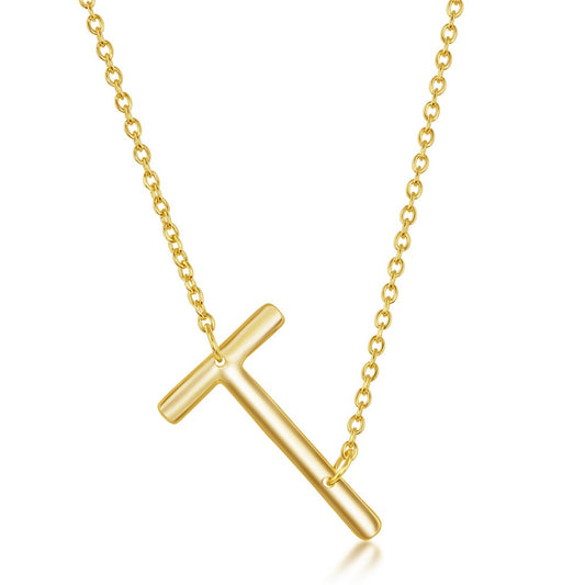 Sterling Silver Sideways 'T' Initial Necklace - Gold Plated