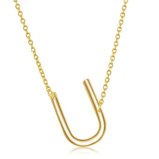 Sterling Silver Sideways 'U' Initial Necklace - Gold Plated