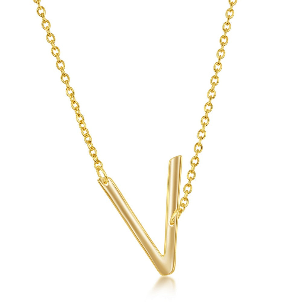 Sterling Silver Sideways 'V' Initial Necklace - Gold Plated