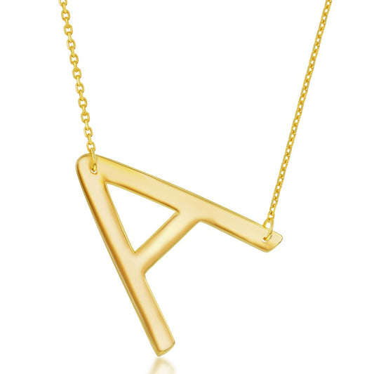 Sterling Silver (35MM) Large Sideways 'A' Initial Necklace - Gold Plated