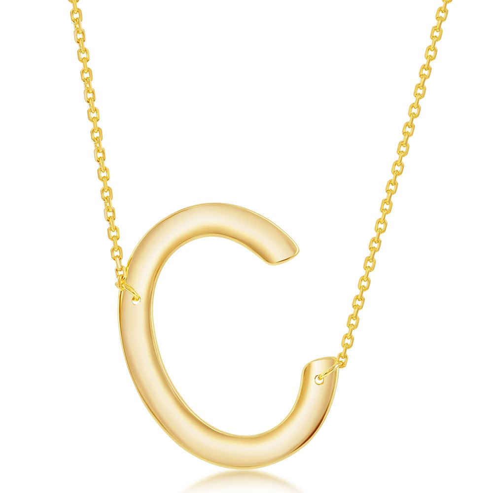 Sterling Silver (35MM) Large Sideways 'C' Initial Necklace - Gold Plated