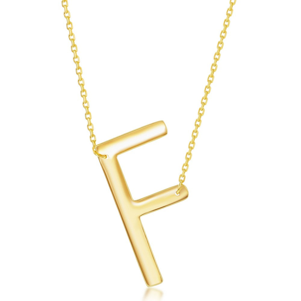 Sterling Silver (35MM) Large Sideways 'F' Initial Necklace - Gold Plated