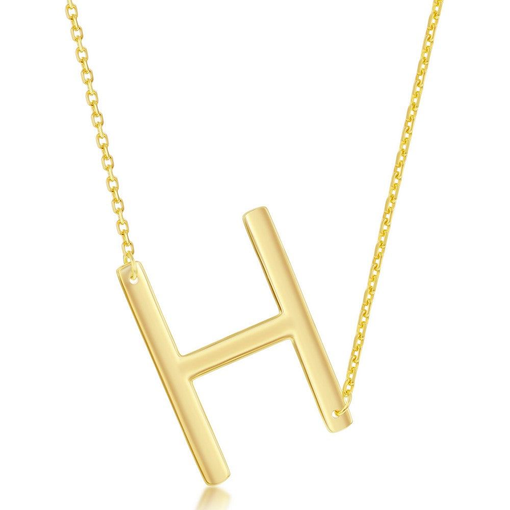 Sterling Silver (35MM) Large Sideways 'H' Initial Necklace - Gold Plated