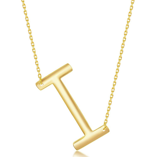 Sterling Silver (35MM) Large Sideways 'I' Initial Necklace - Gold Plated