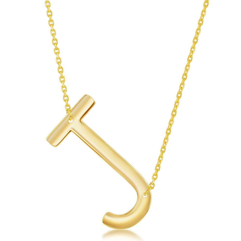 Sterling Silver (35MM) Large Sideways 'J' Initial Necklace - Gold Plated