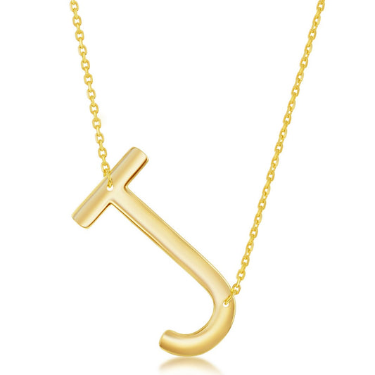 Sterling Silver (35MM) Large Sideways 'J' Initial Necklace - Gold Plated