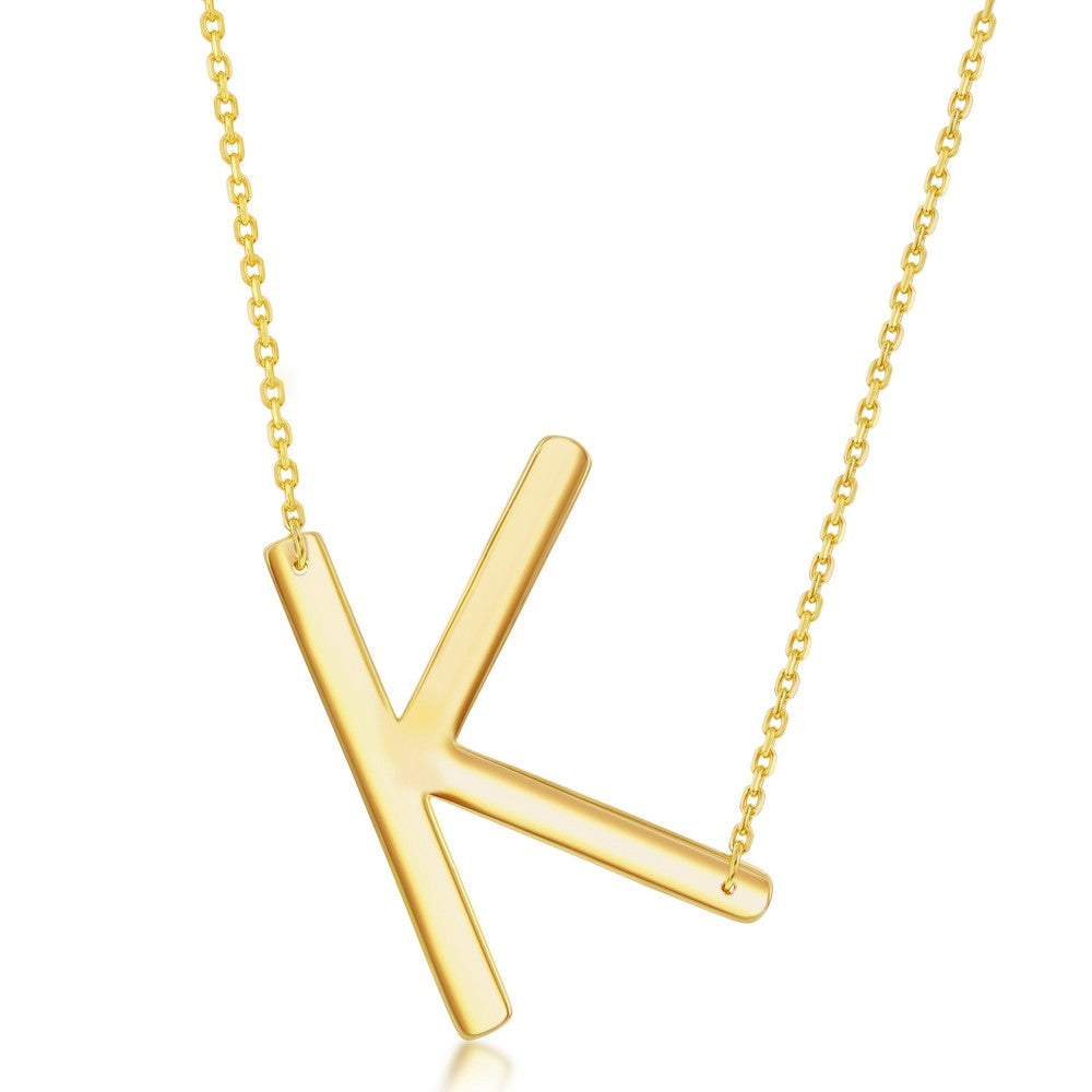 Sterling Silver (35MM) Large Sideways 'K' Initial Necklace - Gold Plated