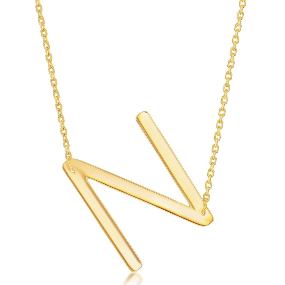 Sterling Silver (35MM) Large Sideways 'N' Initial Necklace - Gold Plated