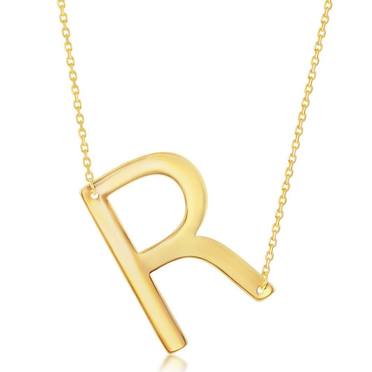 Sterling Silver (35MM) Large Sideways 'R' Initial Necklace - Gold Plated