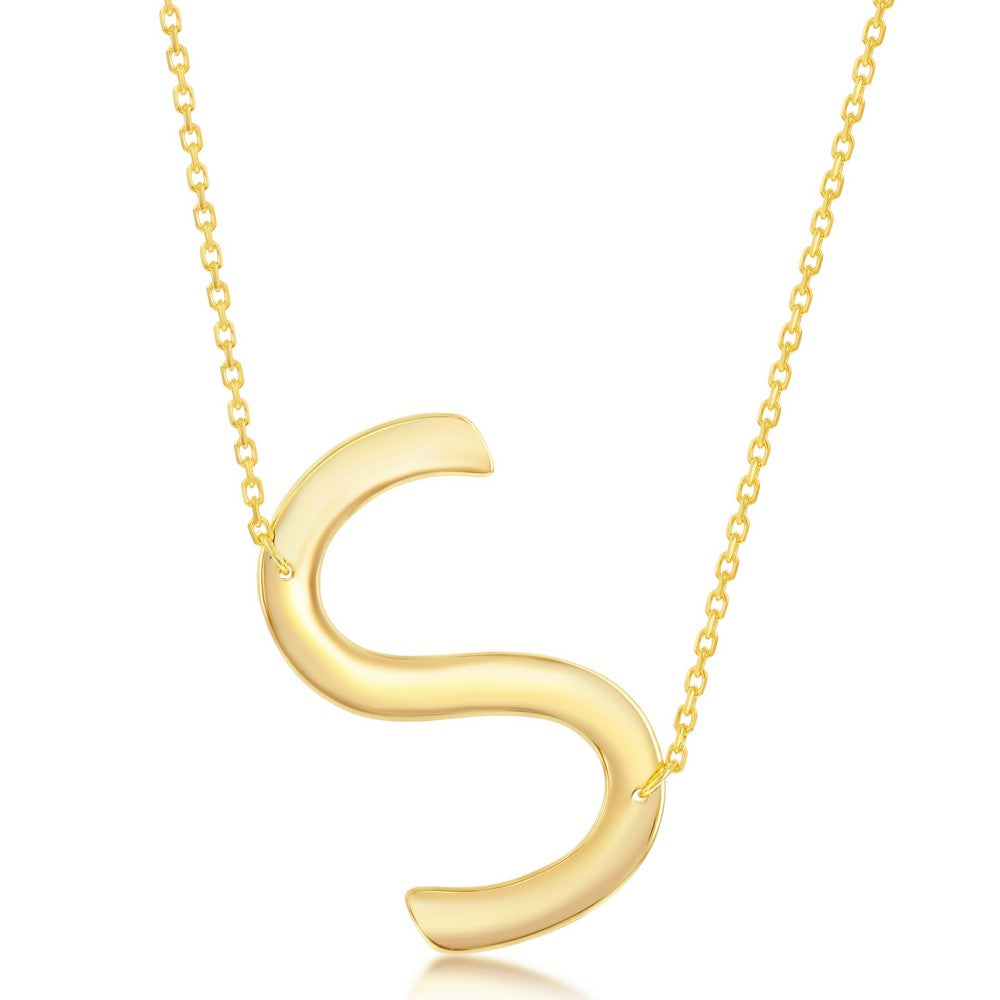 Sterling Silver (35MM) Large Sideways 'S' Initial Necklace - Gold Plated