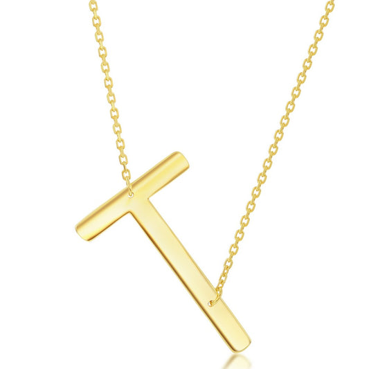 Sterling Silver (35MM) Large Sideways 'T' Initial Necklace - Gold Plated