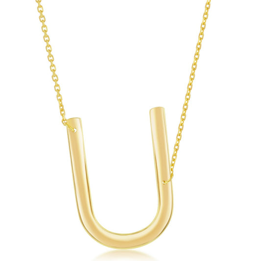 Sterling Silver (35MM) Large Sideways 'U' Initial Necklace - Gold Plated