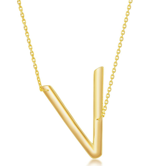 Sterling Silver (35MM) Large Sideways 'V' Initial Necklace - Gold Plated