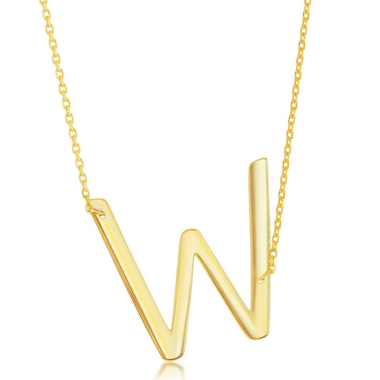 Sterling Silver (35MM) Large Sideways 'W' Initial Necklace - Gold Plated