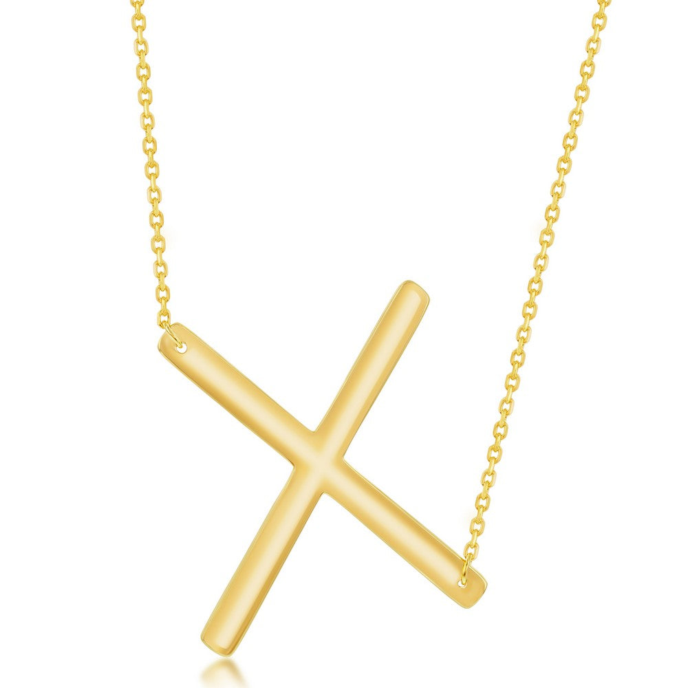 Sterling Silver (35MM) Large Sideways 'X' Initial Necklace - Gold Plated