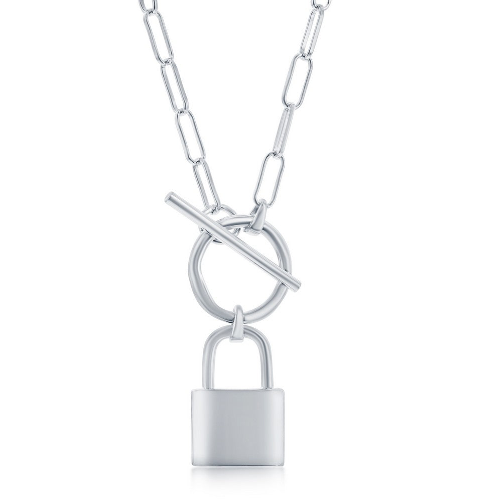 Sterling Silver Lock Charm Paperclip Necklace