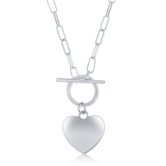 Sterling Silver Shiny Heart, Paperclip Chain & Toggle Necklace