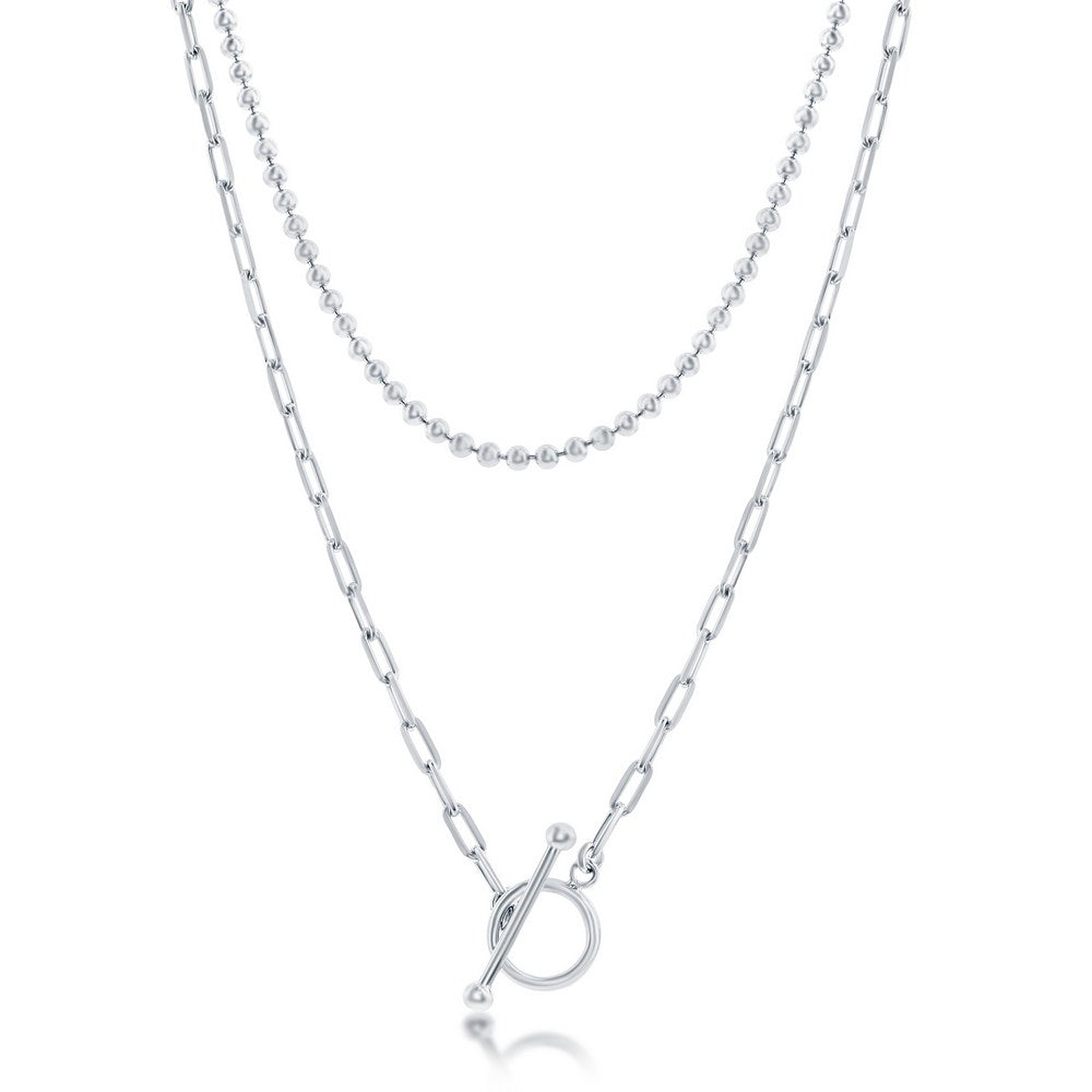 Sterling Silver Layered Paperclip and Beaded Chain Toggle Necklace