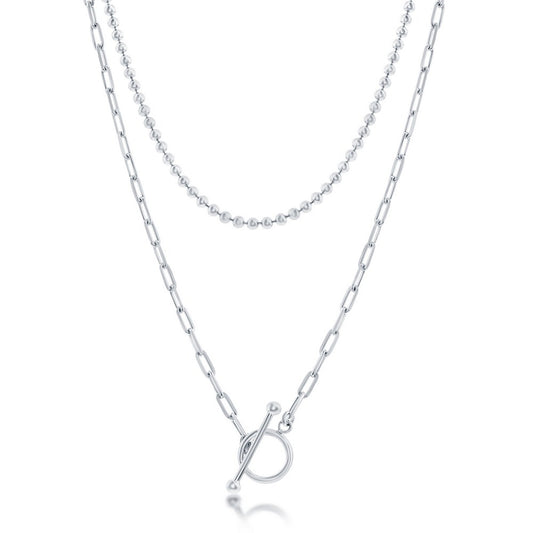 Sterling Silver Layered Paperclip and Beaded Chain Toggle Necklace