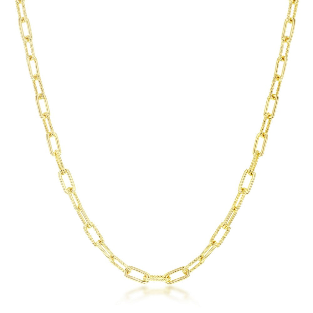 Sterling Silver Polished & Rope Design Paperclip Necklace - Gold Plated