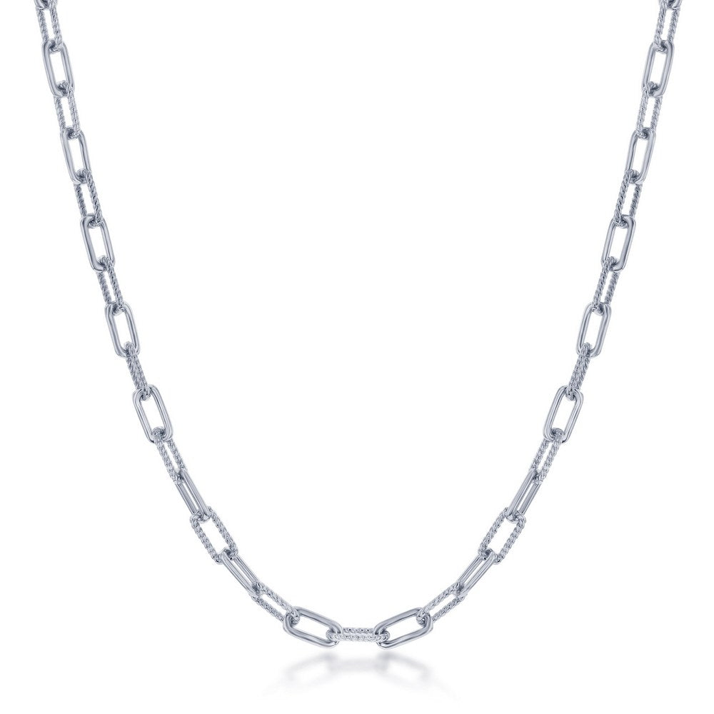 Sterling Silver Polished & Rope Design Paperclip Necklace