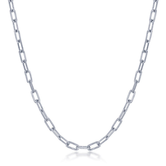 Sterling Silver Polished & Rope Design Paperclip Necklace