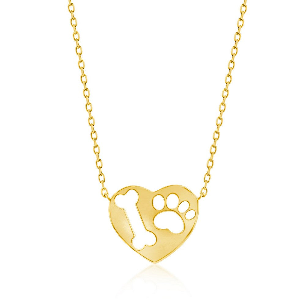 Sterling Silver Paw Print & Bone Cut-out Heart Necklace - Gold Plated