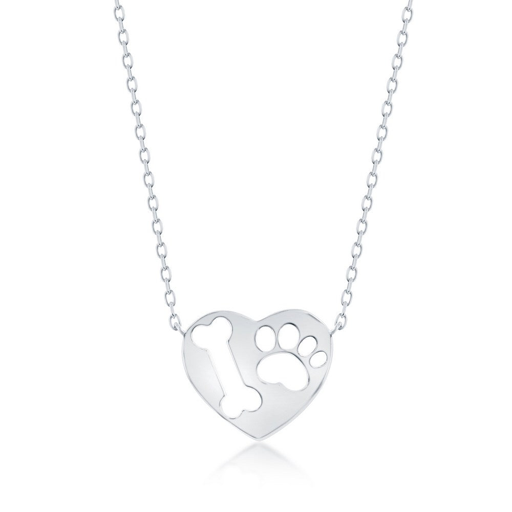 Sterling Silver Paw Print & Bone Cut-out Heart Necklace