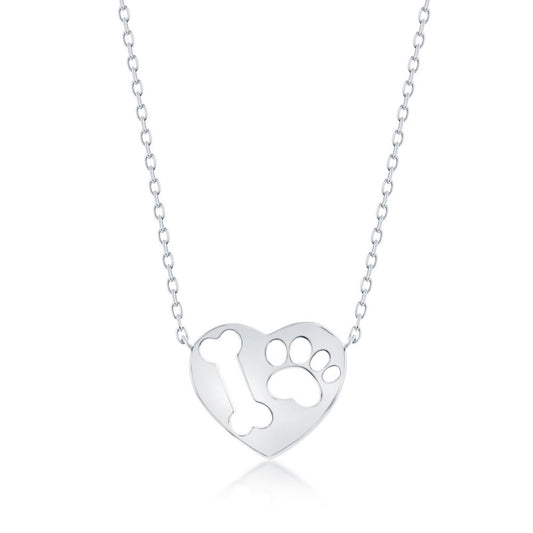 Sterling Silver Paw Print & Bone Cut-out Heart Necklace