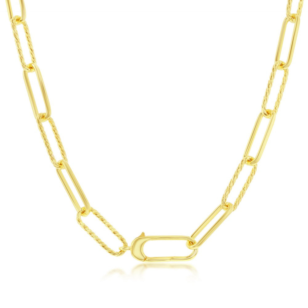 Sterling Silver Alternating Rope Design & Polished Paperclip Necklace - Gold Plated