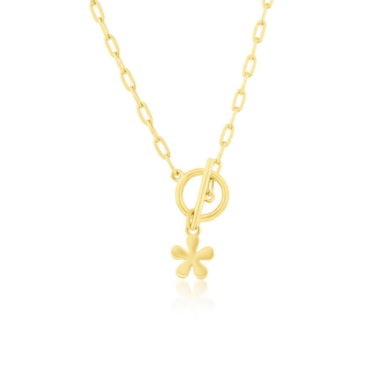 Sterling Silver Flower Charm Paperclip Toggle Necklace - Gold Plated