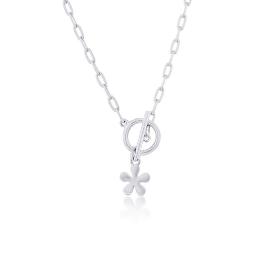 Sterling Silver Flower Charm Paperclip Toggle Necklace