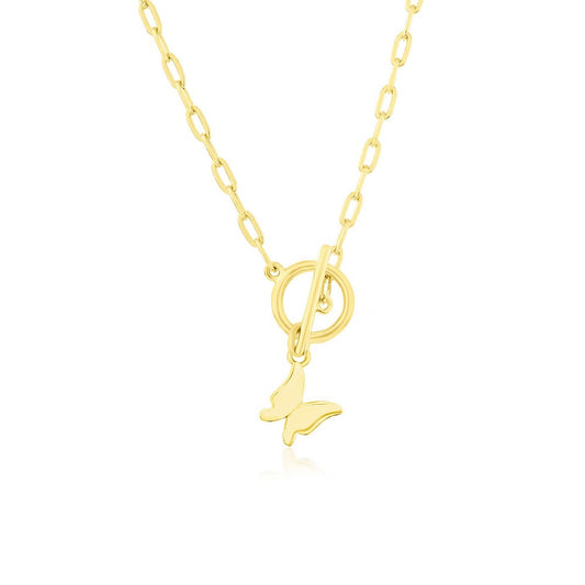 Sterling Silver Butterfly Charm Paperclip Toggle Necklace - Gold Plated