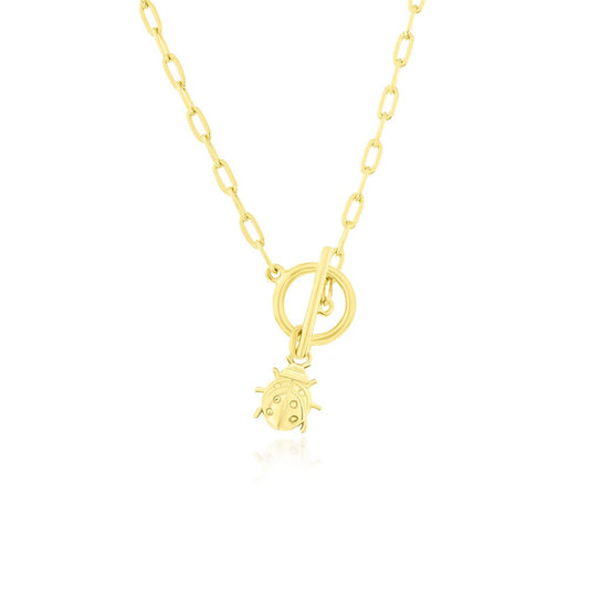 Sterling Silver Ladybug Charm Paperclip Toggle Necklace - Gold Plated