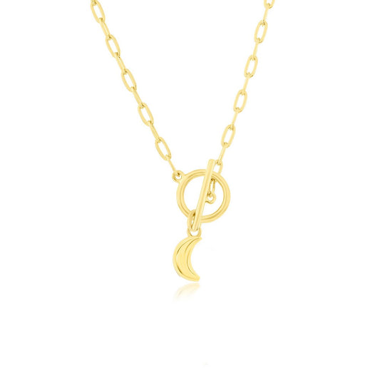 Sterling Silver Crescent Moon Charm Paperclip Toggle Necklace - Gold Plated