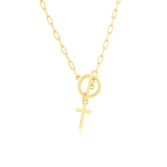 Sterling Silver Cross Charm Paperclip Toggle Necklace - Gold Plated