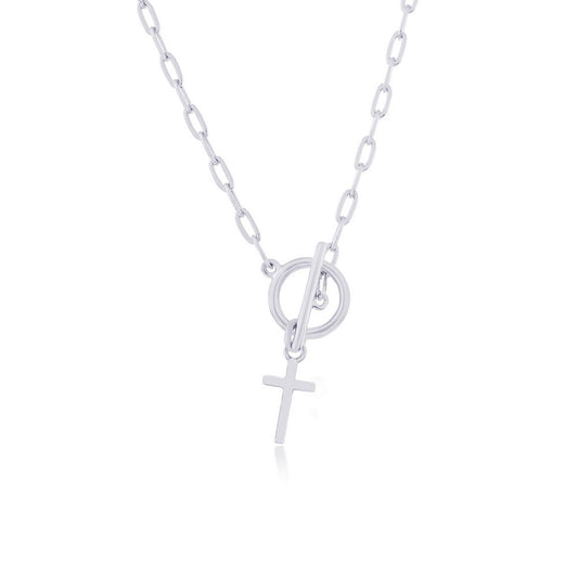 Sterling Silver Cross Charm Paperclip Toggle Necklace