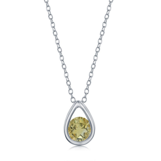 Sterling Silver Pearshaped Necklace w/Round 'November Birthstone' Gem - Citrine