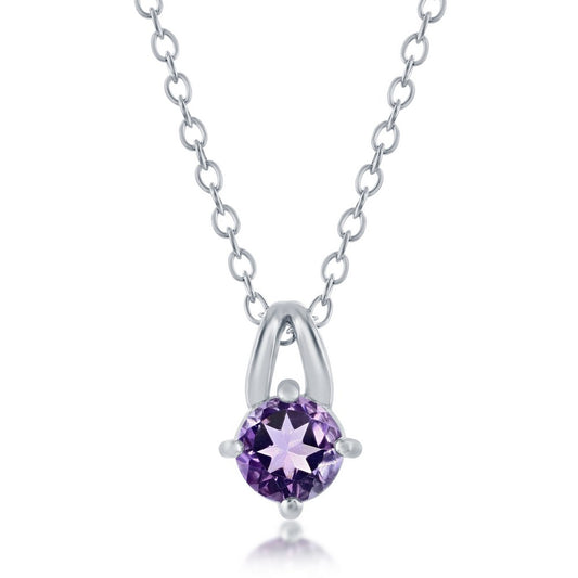 Sterling Silver Four-Prong 5mm Round Gem Necklace - Amethyst