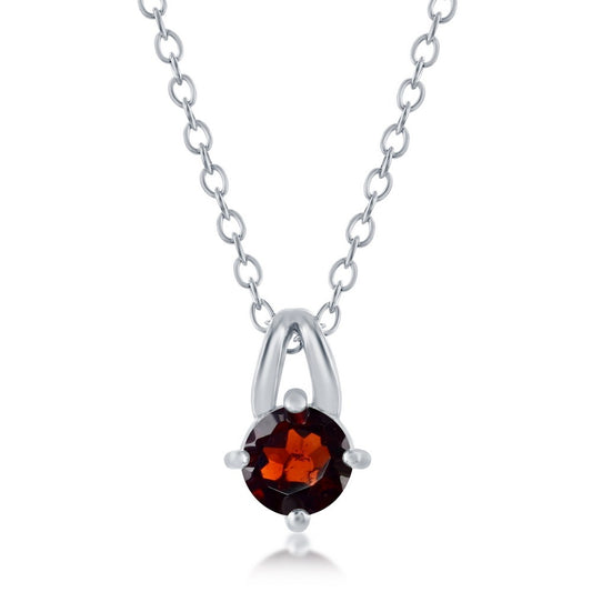 Sterling Silver Four-Prong 5mm Round Gem Necklace - Garnet